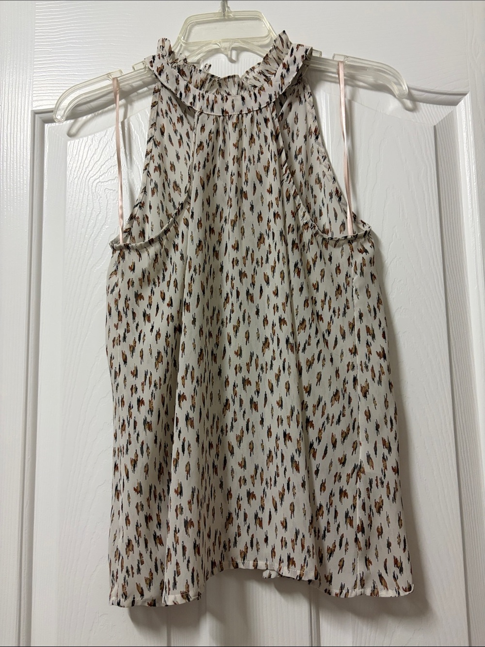 Sleeveless Ruffle Halter Top in Cream with Brown Print